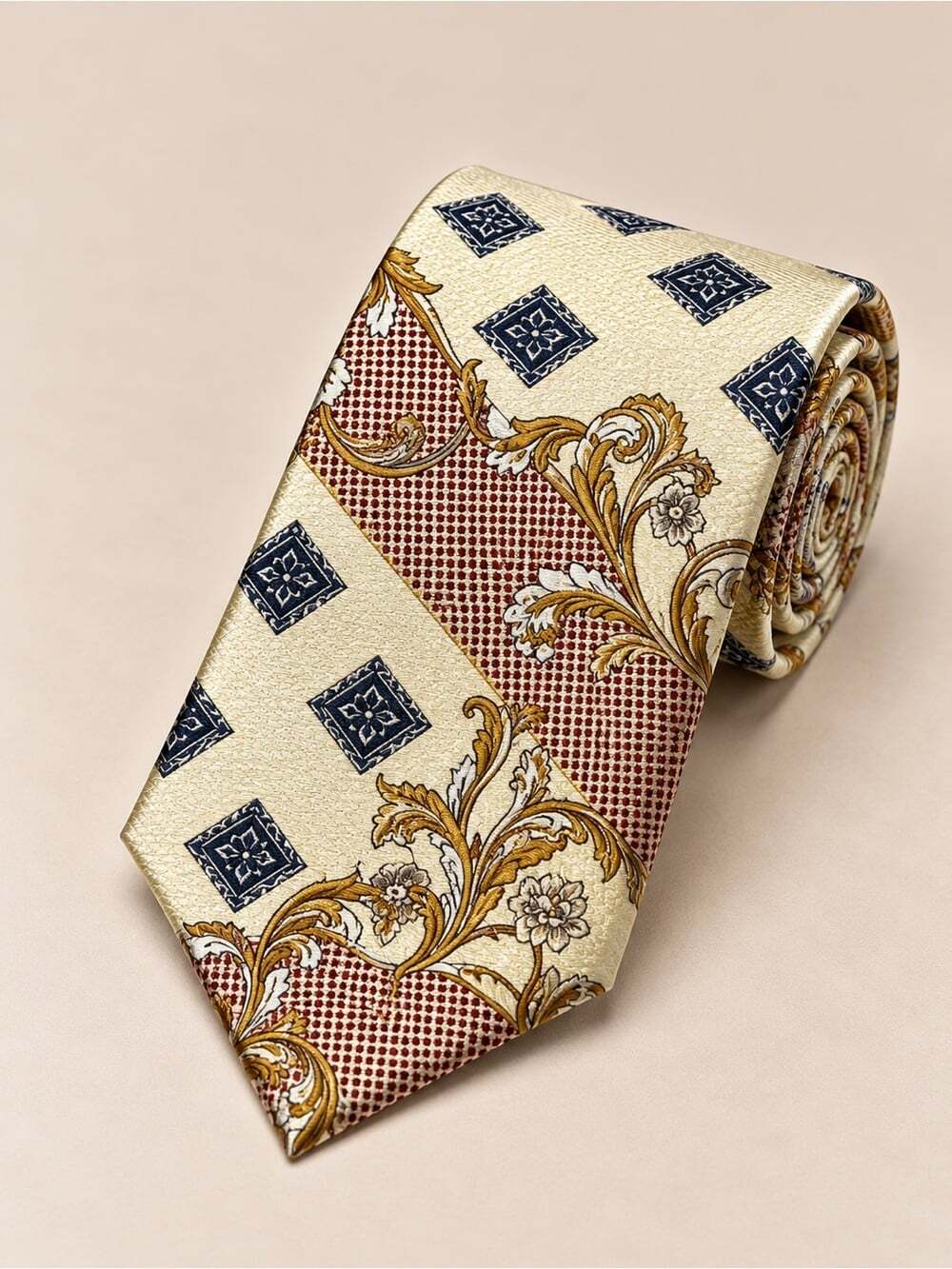 Patterned Necktie Cream Gold & Navy Vintage Floral 100% Polyester Eclectic